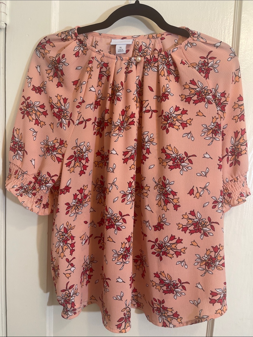 87. Liz Claiborne Peach Floral Button-Neck Blouse